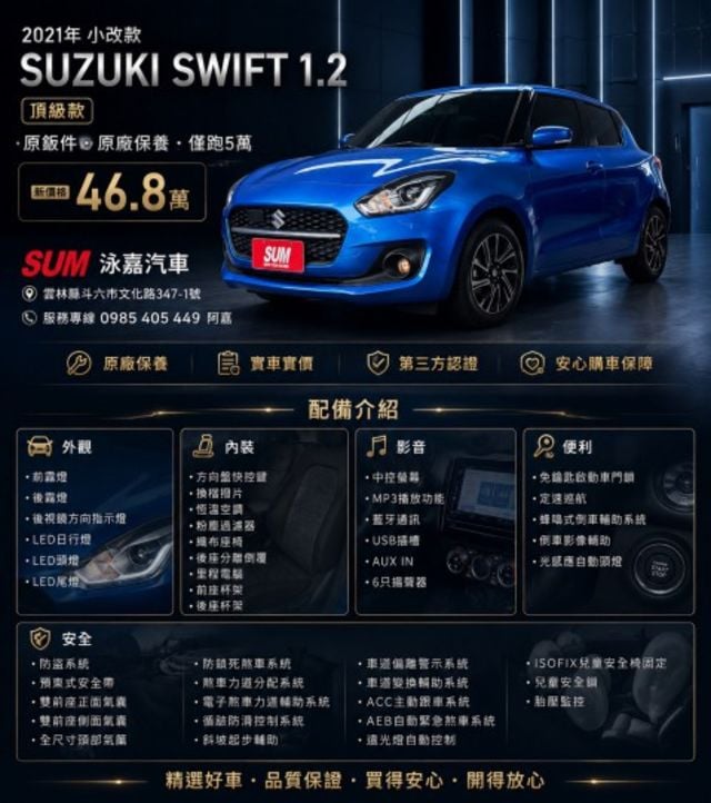 2021 Suzuki Swift 1.2 小改款 原鈑件 原廠保養 僅跑5萬 自動跟車 新價格 保證便宜  第1張相片