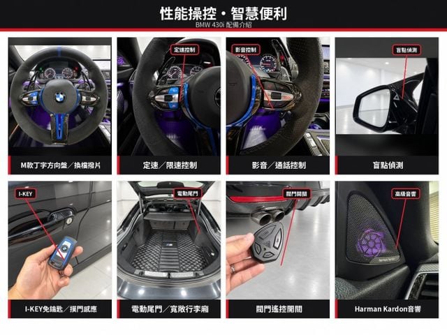 BMW 總代理 原鈑件 430i M SPORT I-KEY 摸門感應 一鍵啟動 電動座椅 電動尾門 換檔撥片 盲點偵測  第9張相片